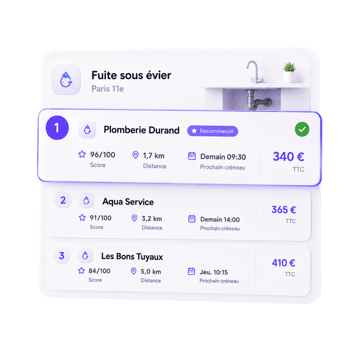 Comparatif automatique des prestataires pour une fuite sous évier
